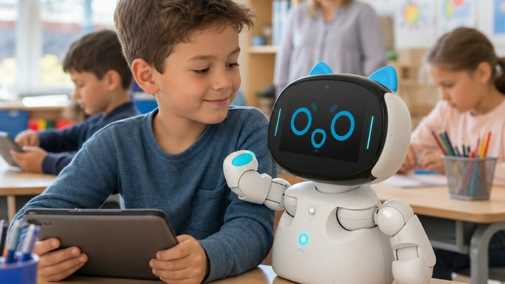 AI robot vs tablet: a young child with a classroom robot and a tablet on the desk