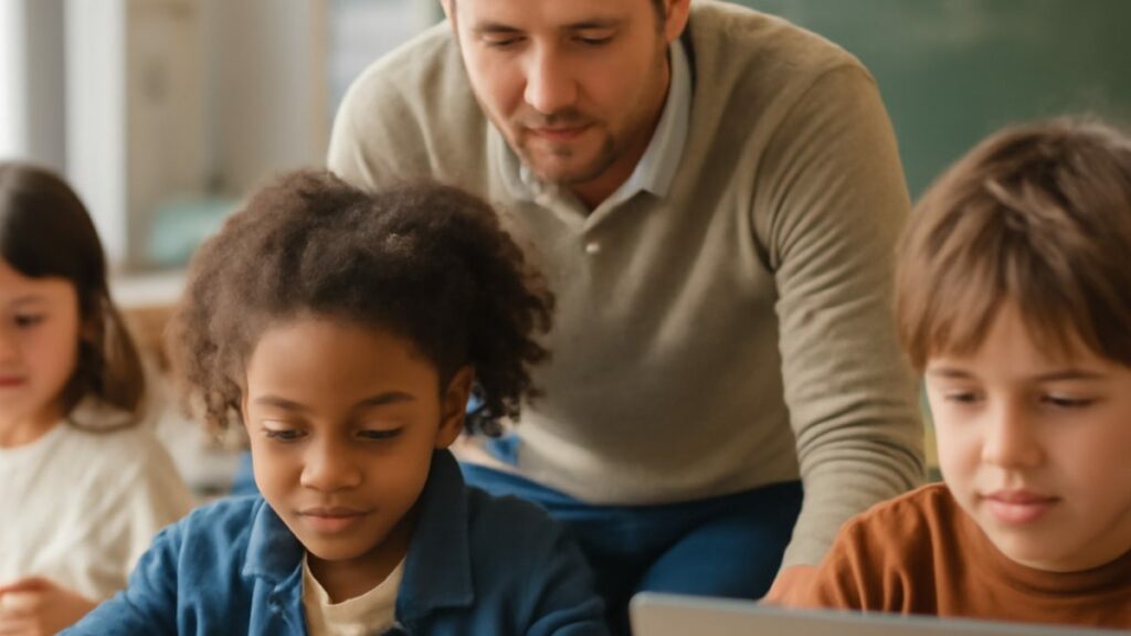 AI safety in schools: a teacher supervising young students using devices safely
