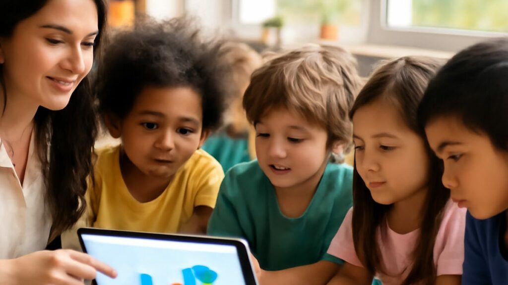 Best uses of Title III funding: a teacher and students reviewing progress on a tablet