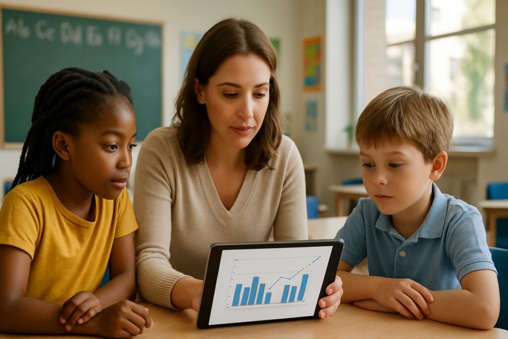 Common WIDA mistakes: a teacher reviewing English learner progress data in class