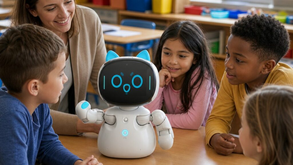 Educational robot cost: a classroom robot in a well-equipped elementary classroom with a teacher and children
