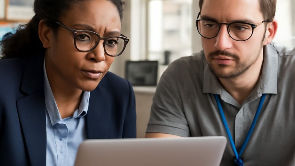 FERPA and AI: a school leader and teacher reviewing student data privacy on a laptop