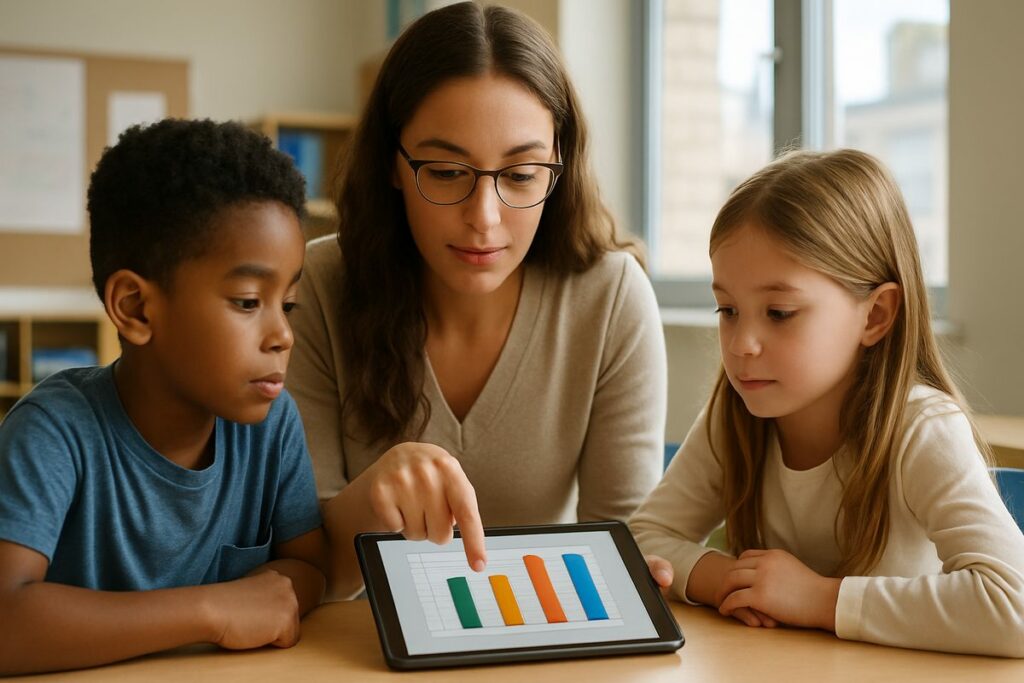 WIDA scores: a teacher reviewing progress charts with young English learners