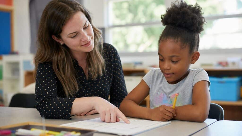 Initial ELPAC: a young student being assessed one-on-one with teacher support