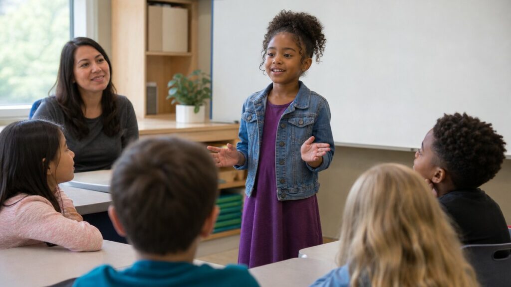 A young student speaking to the class, illustrating the output hypothesis