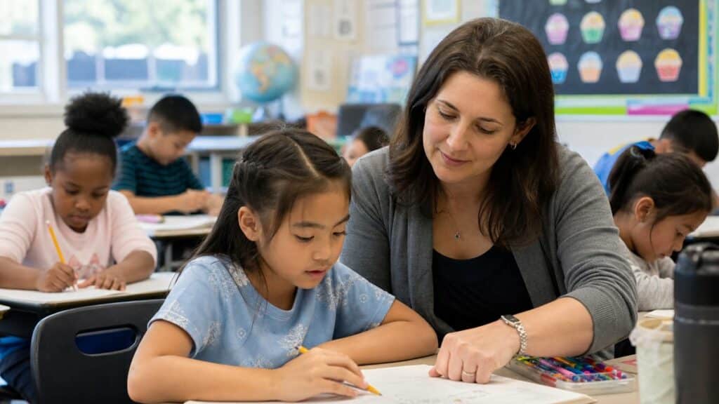 A teacher helping a young student with academic work, illustrating BICS and CALP
