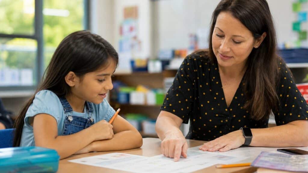 A teacher assessing a child, showing how Florida identifies English Language Learners
