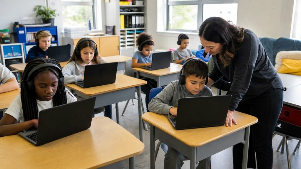 Students on laptops with a teacher, AI tools for English Learners in Florida
