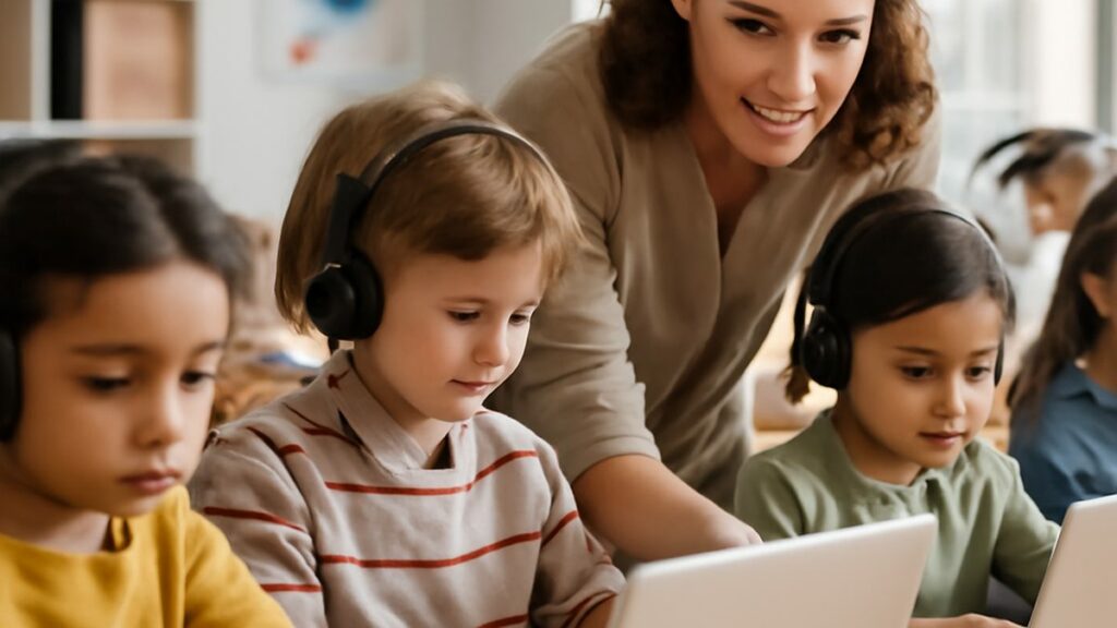 Purchasing EL software: young students using laptops with teacher support
