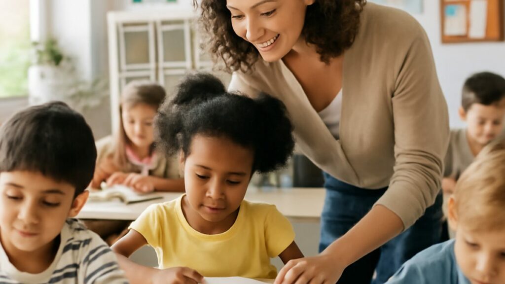 Texas English learner requirements: a teacher helping young Emergent Bilinguals in class