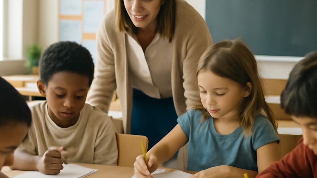 Title I vs Title III: a teacher and diverse young students in a bright classroom