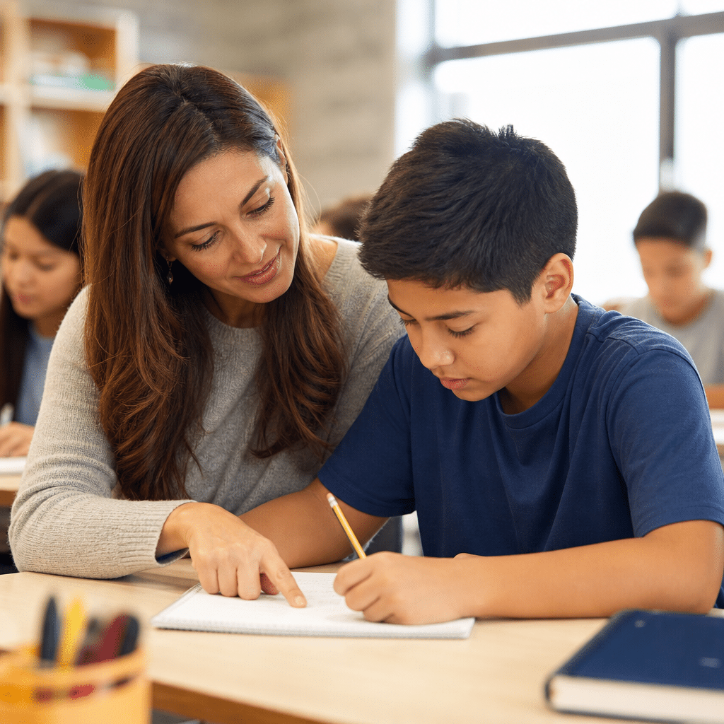 English Learner self-correcting written work with a teacher, illustrating Krashen's monitor hypothesis in a K-12 classroom
