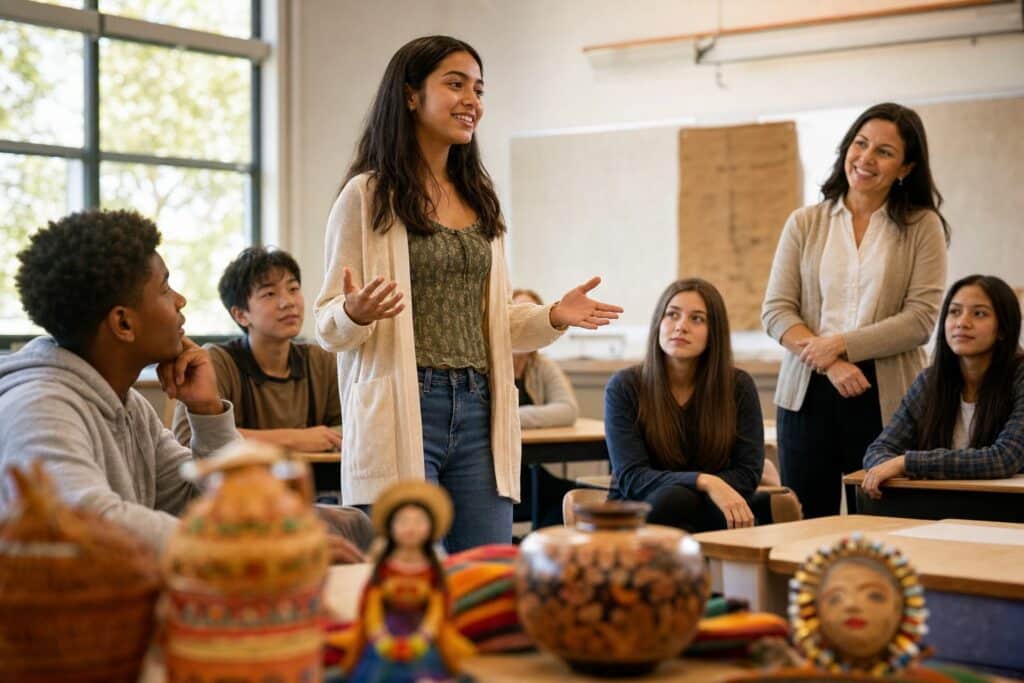 Missouri Seal of Biliteracy: a student presenting a cultural heritage project to classmates