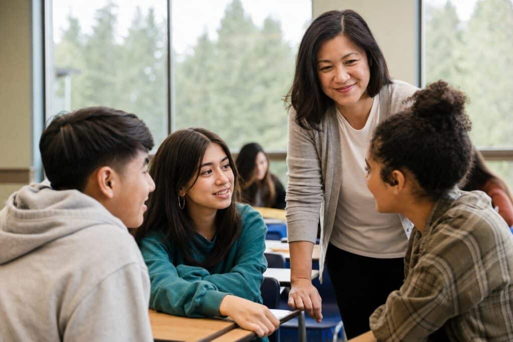 Oregon Seal of Biliteracy: multilingual students practicing conversation in small groups