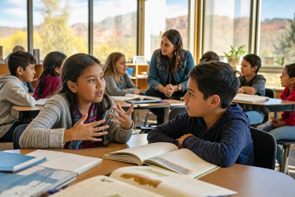 Elementary English learners practicing the speaking skills described in the Arizona ELP Standards