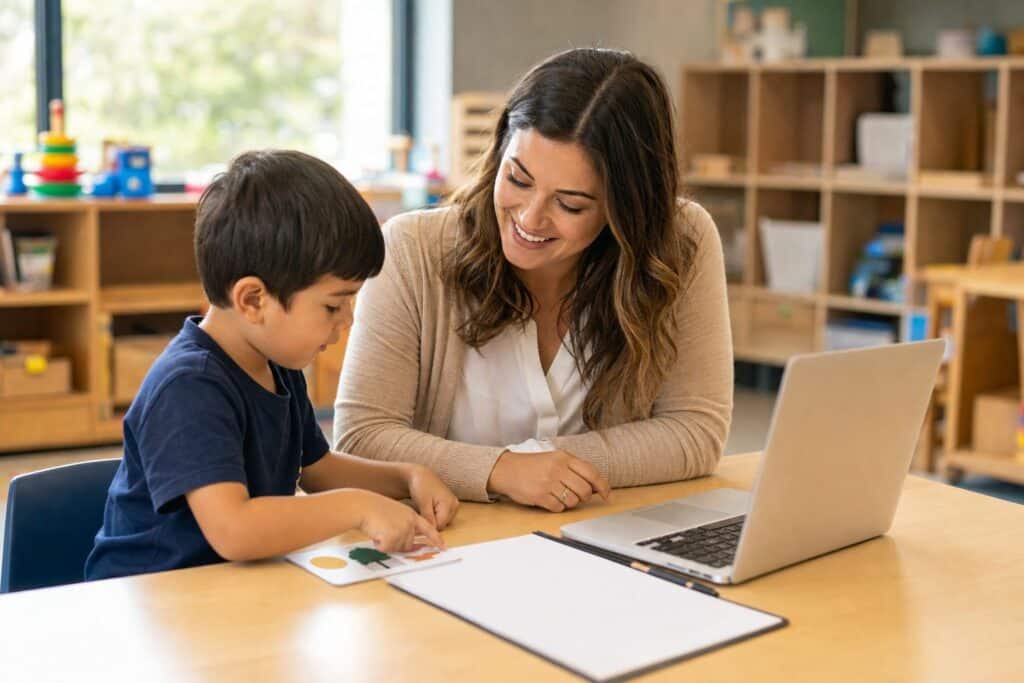 Kindergarten teacher screening a young English learner with a scoresheet before using the WIDA score calculator