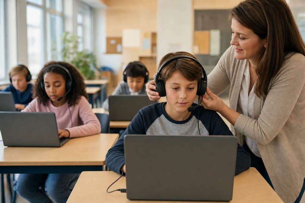 Teacher adjusting a student's wired headset with microphone at a laptop before the WIDA ACCESS Online test in DRC INSIGHT