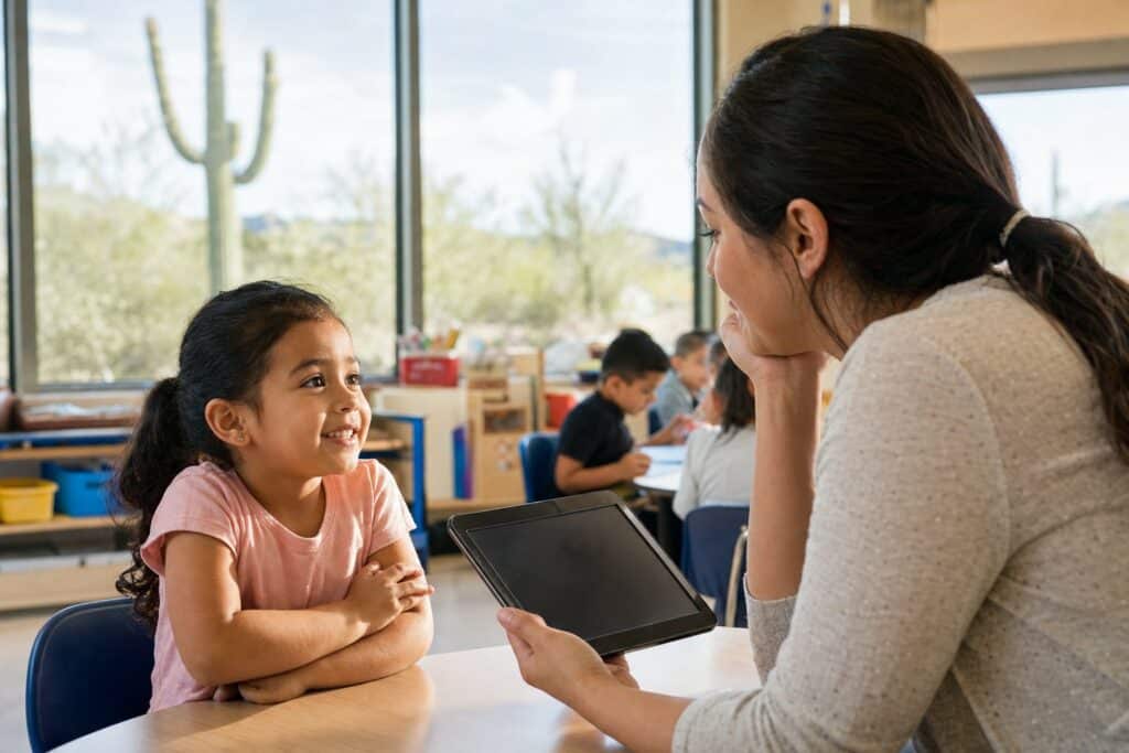 AZELLA testing window: an Arizona kindergartner answers a teacher's questions during a one-on-one language check