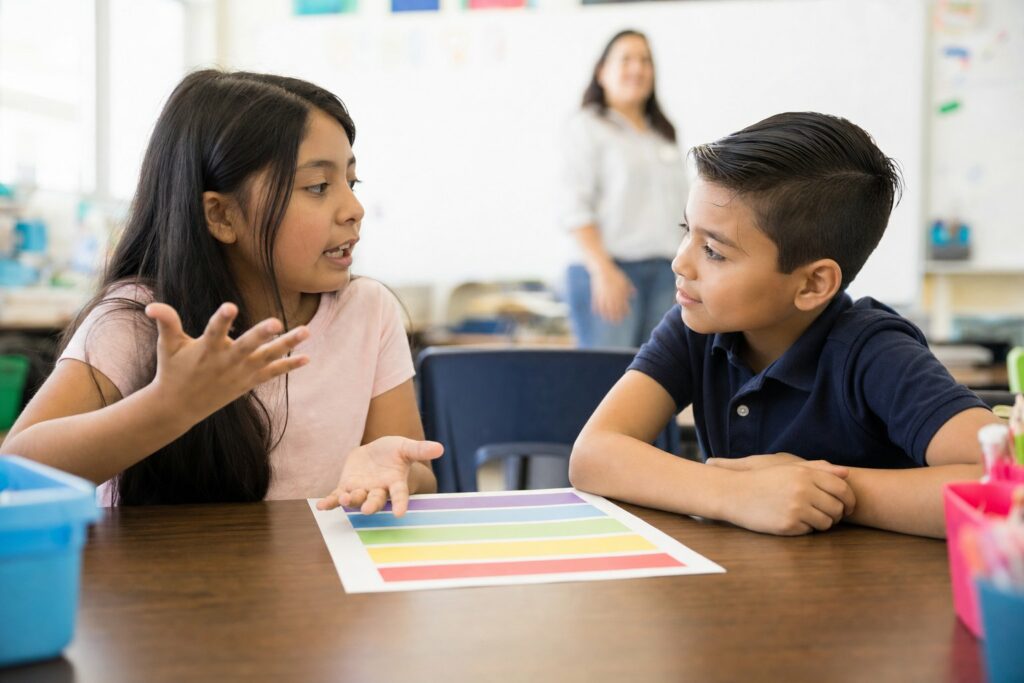 TELPAS proficiency level descriptors: a Texas student explains her answer aloud to a classmate beside a five-level chart